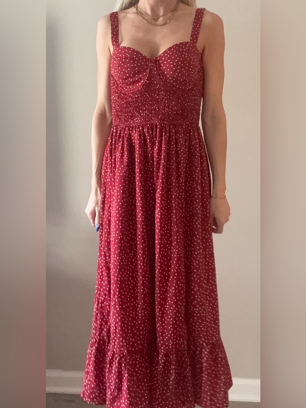 Vici Burgundy Red Polka Dot Smocked Maxi Dress